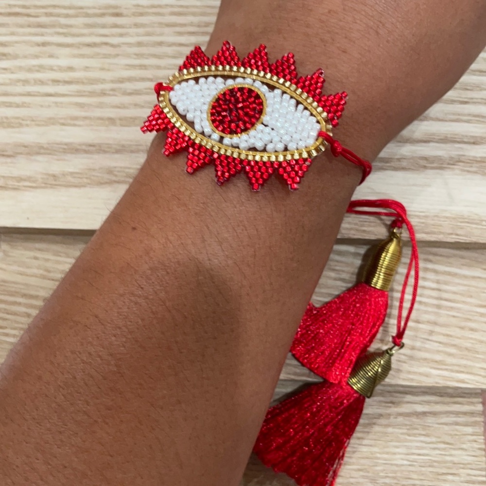 Beaded Turkish Evil Eye bracelet with Red tassel